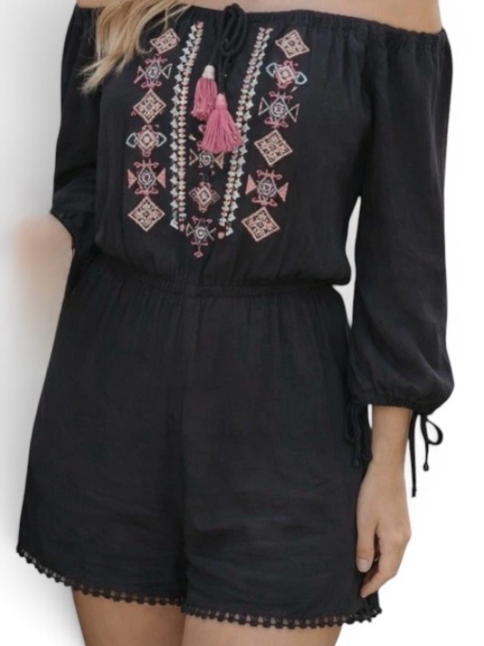Women's Off-Shoulder Embroidered Black Romper with Tassel Tie